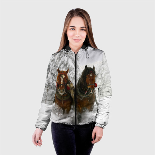 Женская куртка 3D с принтом Лошади и снег, фото на моделе #1