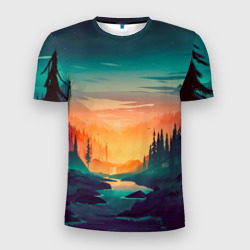 Мужская футболка 3D Slim Закат в лесу