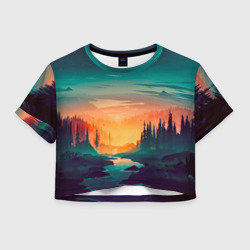 Женская футболка Crop-top 3D Закат в лесу
