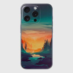 Чехол для iPhone 15 Pro силиконовый с защитой камеры Закат в лесу
