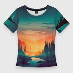 Женская футболка 3D Slim Закат в лесу