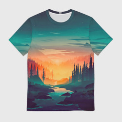 Мужская футболка 3D Закат в лесу