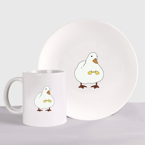 Набор: тарелка + кружка с принтом Shy duck, вид спереди №1