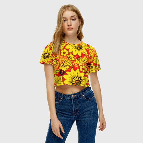 Женская футболка Crop-top 3D Хохлома, цвет 3D печать - фото 3