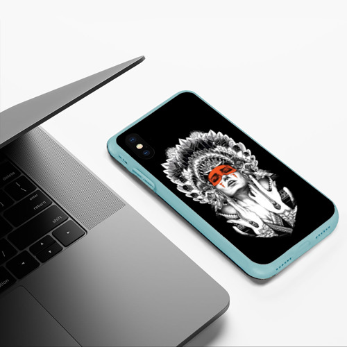 Чехол для iPhone XS Max матовый Женщина индеец, цвет мятный - фото 5