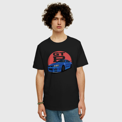 Мужская футболка хлопок Oversize с принтом Nissan GT-R 34, фото на моделе #1