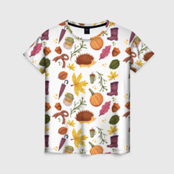 Женская футболка 3D Уют, ежи, листья и банка варенья