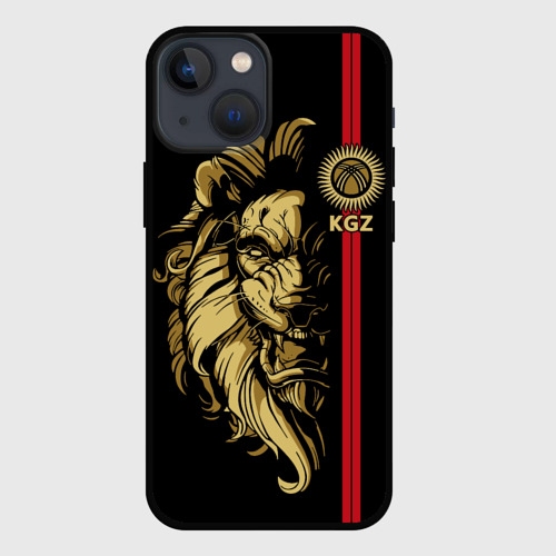 Чехол для iPhone 13 mini с принтом Киргизия - золотой лев, вид спереди №1