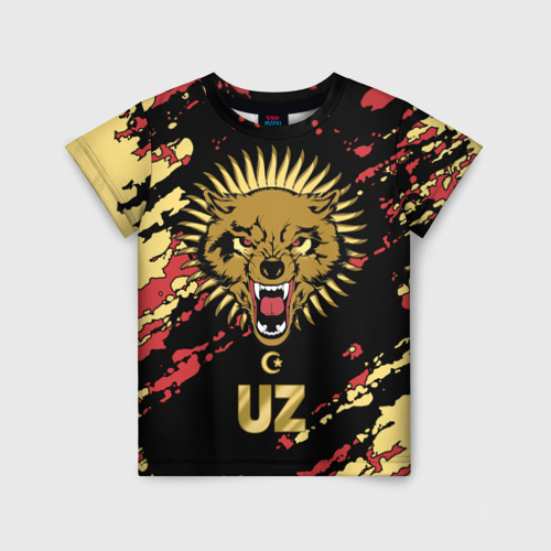 Детская футболка с принтом Узбекистан - агрессивный волк, вид спереди №1