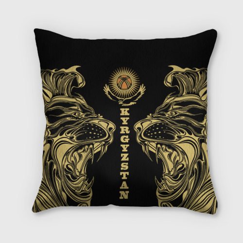 Подушка с принтом Киргизия - золотые львы, вид спереди №1