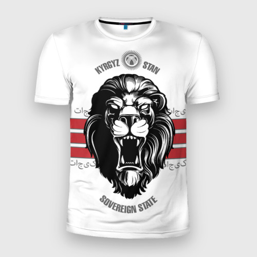 Мужская приталенная футболка с принтом Киргизия - суровый лев, вид спереди №1