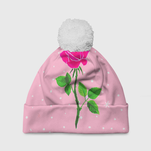 Шапка 3D c помпоном Роза на розовом, цвет 3D печать