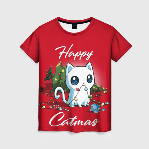 Женская футболка 3D Happy Catmas, цвет 3D печать