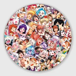Круглый коврик для мышки Color ahegao - цветные ахегао девушки аниме  паттерн 