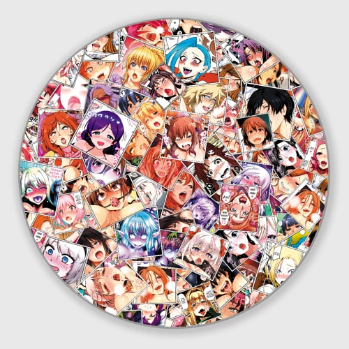 Круглый коврик для мышки Color ahegao - цветные ахегао девушки аниме  паттерн 