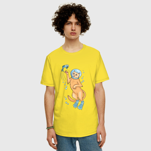Мужская футболка хлопок Oversize Кот Аквалангист, цвет желтый - фото 3