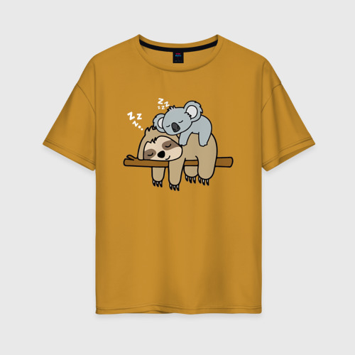 Женская футболка хлопок Oversize Ленивец и коала, цвет горчичный