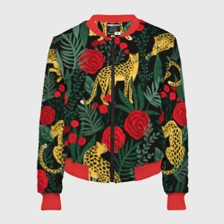 Женский бомбер 3D Леопарды и цветы паттерн