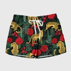 Женские шорты 3D Леопарды и цветы паттерн 