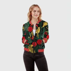 Женский бомбер 3D Леопарды и цветы паттерн - фото 2
