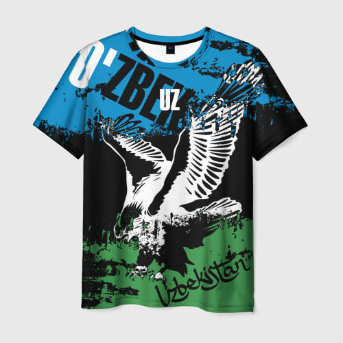 Мужская футболка с принтом Узбекистан порящий орел, вид спереди №1