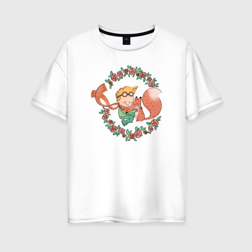 Женская футболка оверсайз из хлопка с принтом Маленький принц и лис, вид спереди №1