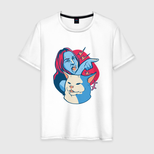 Мужская футболка из хлопка с принтом Женщина кричит на кота, вид спереди №1