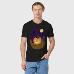 Мужская футболка хлопок Яркая тыква и кот на Хэллоуин - фото 2