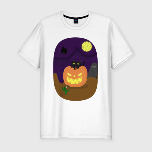 Мужская футболка хлопок Slim Яркая тыква и кот на Хэллоуин, цвет белый