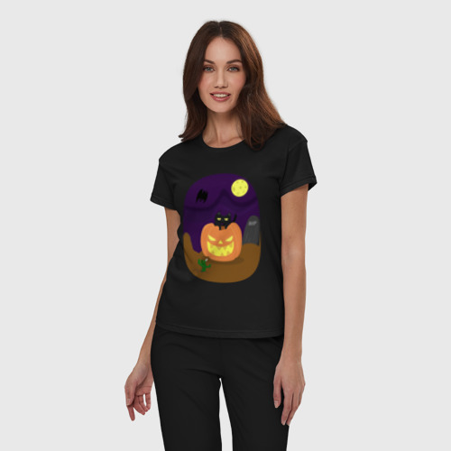 Женская пижама хлопок Яркая тыква и кот на Хэллоуин, цвет черный - фото 3