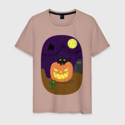Мужская футболка хлопок Яркая тыква и кот на Хэллоуин