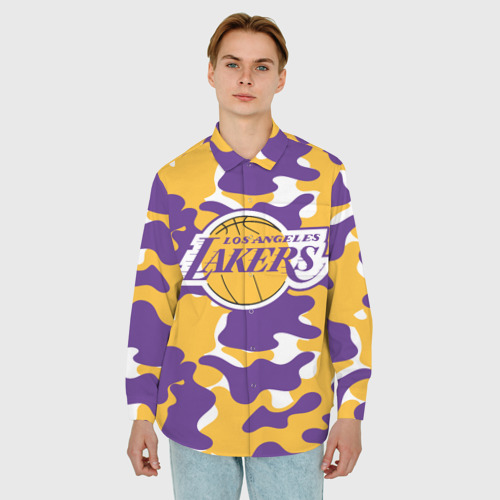 Мужская рубашка oversize 3D с принтом LA Lakers Лейкерс, фото на моделе #1
