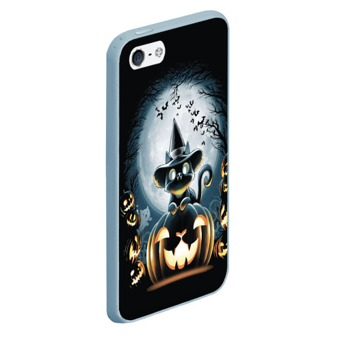 Чехол для iPhone 5/5S матовый Хэллоуин Кот, цвет голубой - фото 3