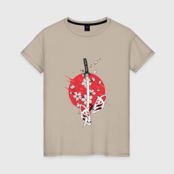 Женская футболка хлопок Катана на фоне сакуры Japanese katana