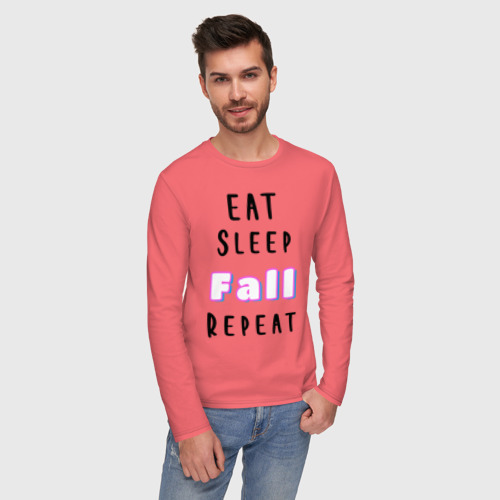 Мужской лонгслив хлопок Eat sleep fall guys repeat , цвет коралловый - фото 3