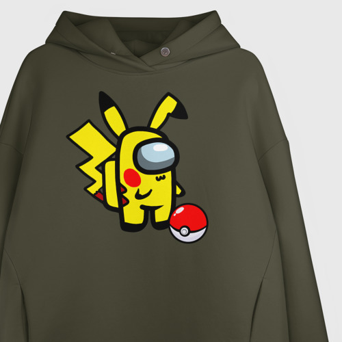 Женское худи Oversize хлопок Among us Pikachu and Pokeball, цвет хаки - фото 3