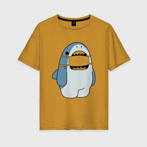 Женская футболка хлопок Oversize Акула в маске, цвет горчичный