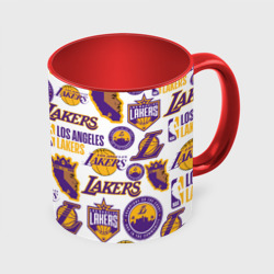 Кружка с принтом Lakers logo для любого человека, вид спереди №3. Цвет основы: белый + красный