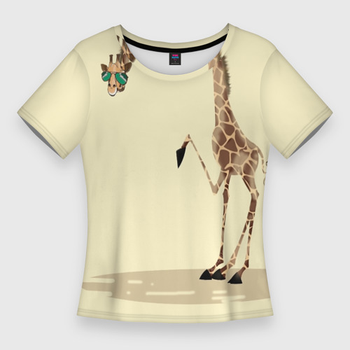 Женская приталенная футболка с принтом Жираф на шее, вид спереди №1
