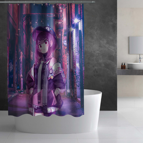 Штора 3D для ванной Очако Урарака в ночном городе - фото 2