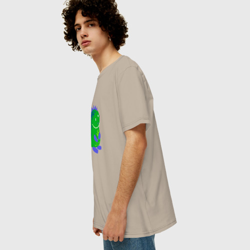 Мужская футболка хлопок Oversize Зеленый дракончик-динозаврик, цвет миндальный - фото 5