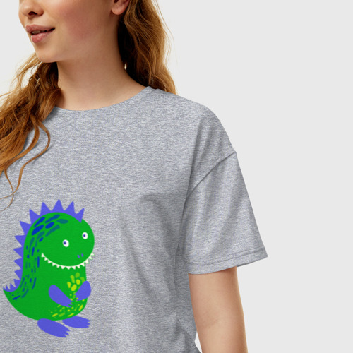 Женская футболка хлопок Oversize Зеленый дракончик-динозаврик, цвет меланж - фото 3