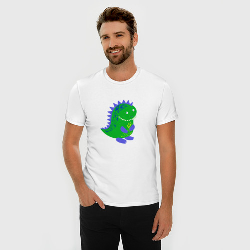 Мужская футболка хлопок Slim Зеленый дракончик-динозаврик, цвет белый - фото 3