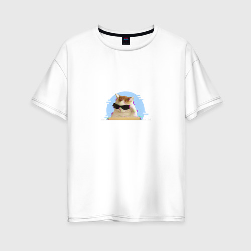 Женская футболка из хлопка оверсайз с принтом Кот в очках мем, вид спереди №1