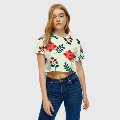 Женская футболка Crop-top 3D цветы, ягоды, листья , цвет 3D печать - фото 4