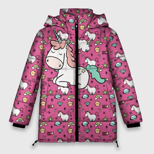 Женская зимняя куртка 3D с принтом Единорог, вид спереди #2