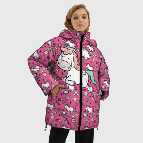 Женская зимняя куртка 3D с принтом Единорог, фото на моделе #1