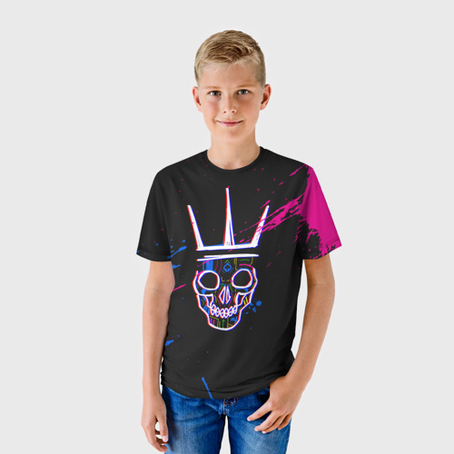 Детская футболка 3D с принтом Watch Dogs Legion skull, фото на моделе #1