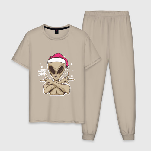 Мужская пижама хлопок Alien Santa, цвет миндальный