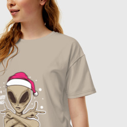 Женская футболка хлопок Oversize Alien Santa - фото 2